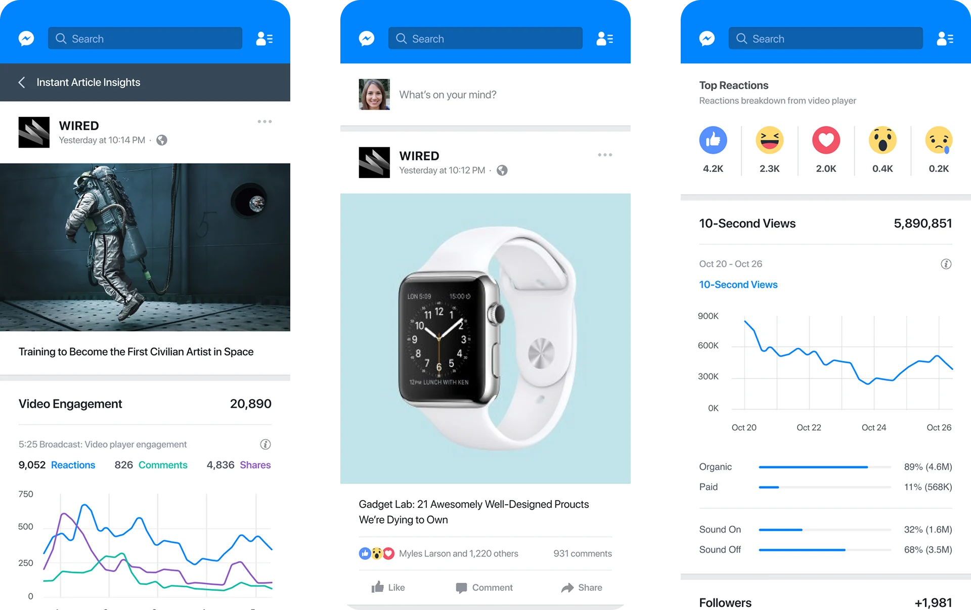 Facebook product screens